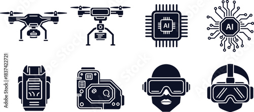 Dark Silhouette Icons of Drones, AI, and VR Technology on White Background Keywords: drone, quadcopter, camera, AI chip
