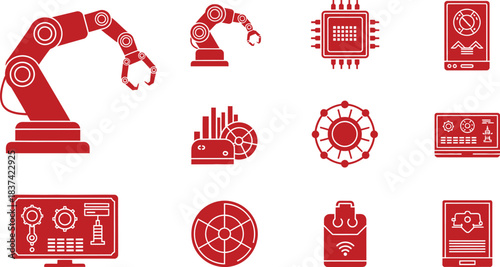 Red Icons for Robotics Technology and Data Analysis Keywords: robotic arm, industrial robot, automation, technology, processor, CP