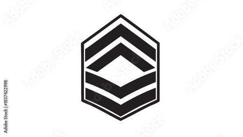 Minimalist black and white abstract geometric logo featuring chevron shapes inside a hexagonal border