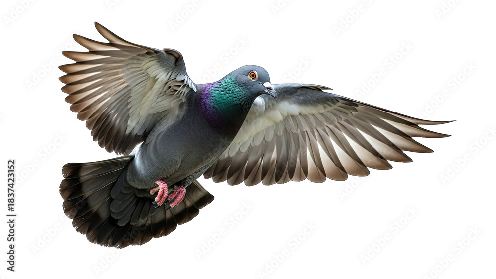 Obraz premium Pigeon in Flight on White Background