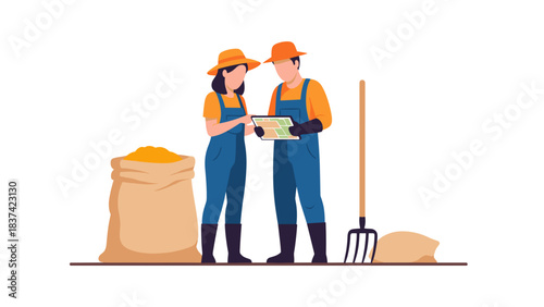 Two construction workers with clipboard discussing plans at a sunny job site.