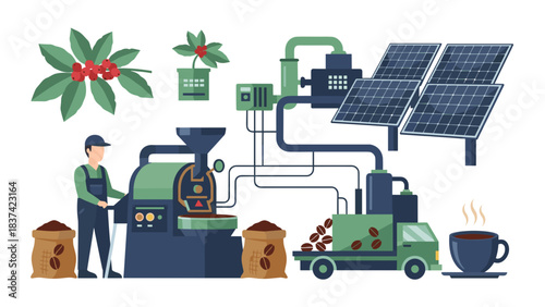 An illustration depicting the sustainable coffee production process, from plant cultivation to a worker roasting beans using solar-powered machinery, culminating in a hot cup.