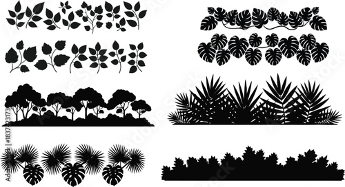 Botanical foliage border silhouette vector set .