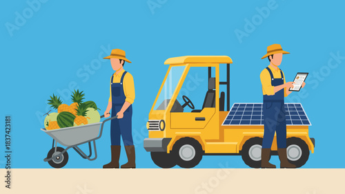 Cartoon Farmers Working with Wheelbarrow and Forklift in a Farm Scene with Fresh Produce.