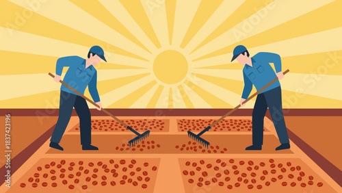 Two workers digging soil in a bright sunlit field.