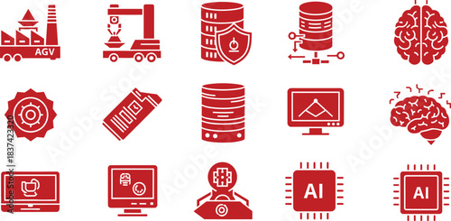 Red icons representing AI, automation, and data security on white background artificial intelligence
