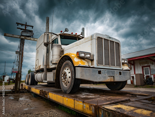 A truck with a trailer on a scale used to measure maximum load. Neural network AI generated art