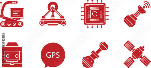 Robotics and Satellite Technology Icons Set Keywords: robot, robotic arm, conveyor, crane, platform, computer chip, processor