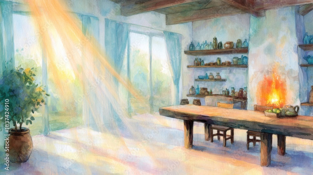 Obraz premium Sunlight enters a room with a large table and shelves filled with items