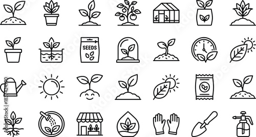 Gardening icon set, black and white vector, plant growth, seedling, greenhouse, watering can, soil, sunlight, tools, spray bottle, agriculture, care