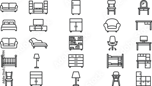 Furniture icons, household items, interior design symbols, home decor vector set, black and white line art, living room essentials, modern furniture illustrations