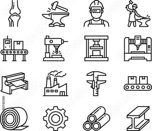 Manufacturing icon set, black and white vector, metalworking, factory, CNC, drill press, conveyor, gear, caliper, I-beam, welding, engineering