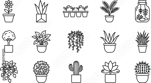 Potted plant icon set, black and white vector, botanical, succulent, cactus, foliage, flower, hanging plant, jar, leaf, nature, decor, gardening