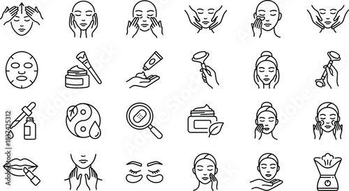 Skincare and facial treatment icon set, black and white vector, beauty, wellness, cream, mask, roller, steamer, dropper, lipstick, hydration, spa