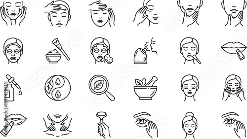 Skincare and facial treatment icon set, black and white vector, beauty, wellness, massage, cream, roller, steamer, dropper, makeup, exfoliation, spa