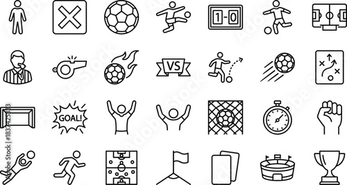 Soccer icon set, black and white vector, football, goal, player, ball, referee, strategy, celebration, stadium, cards, trophy, scoreboard