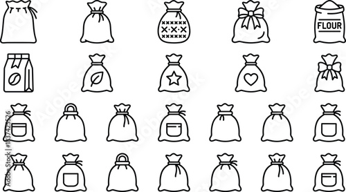 Bag icon set, black and white line drawings, packaging symbols, vector illustration, food and goods graphics, container design elements, decorative sack styles