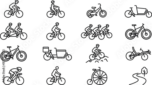 Bicycle, cycling, icon, rider, bike, mountain, road, tandem, cargo, children, racing, trail, path, group, recumbent, penny-farthing, transport, activity, motion, sport, vintage, journey, commute