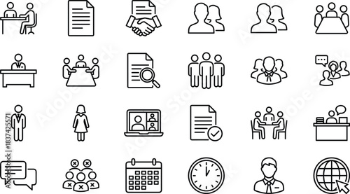 Business and office icon set, black and white vector, HR, meeting, document, calendar, clock, teamwork, communication, interview, review, scheduling