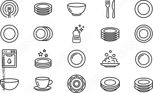 Dishwashing and dishware icon set, black and white line drawings, kitchen cleaning symbols, vector illustration, utensils and hygiene graphics, sparkling dishes