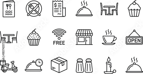 Dining and food service icon set, black and white vector, restaurant, cafe, delivery, menu, tray, receipt, cupcake, coffee, Wi-Fi, open sign