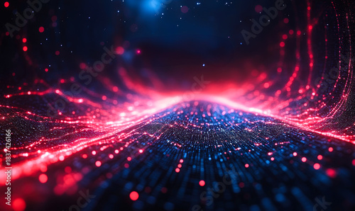 Abstract digital wave landscape with glowing red and blue particles representing futuristic data flow and technological network visualization concept