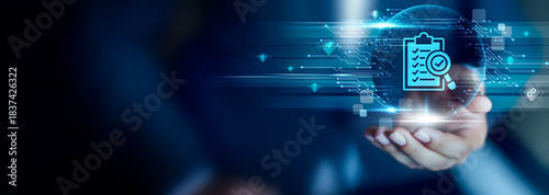 Assessment concept, Businessman hold Assessment icon for evaluating performance, analyzing data and supporting informed business decisions.