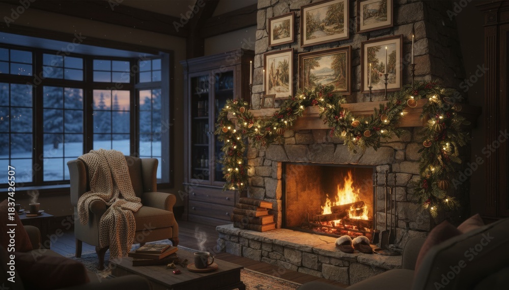 Fototapeta premium Cozy rustic living room interior with a warm burning stone fireplace decorated for the holidays with a festive garland, overlooking a snowy winter landscape at dusk