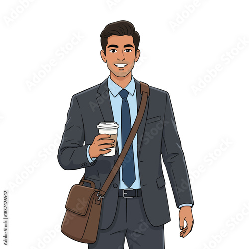 Vector illustration of a young businessman in a suit holding a coffee cup and carrying a shoulder bag. Ideal for corporate, office, startup and professional lifestyle themes.