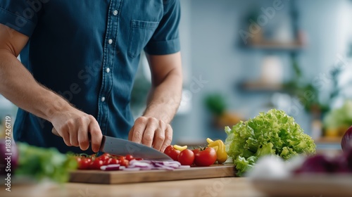 Hand slicing fresh vegetables on a minimalist kitchen counter under warm morning light.