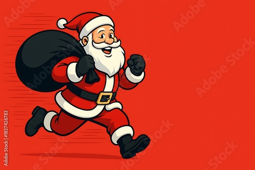 Cartoon Santa In Motion Rushing With Bag Of Presents For Holiday Sale Banner And Promotion Design