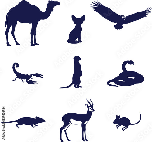 Assortment of Dark Blue Desert and Wild Animal Silhouettes on White Background camel dromedary