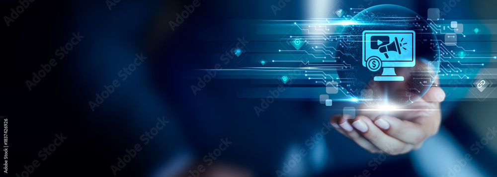 Fototapeta premium Digital Marketing concept, Businessman hold Digital Marketing icon. brand visibility, audience targeting, content strategy, online promotion, engagement growth, performance tracking