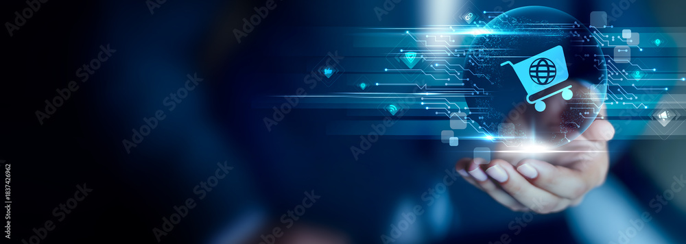 Fototapeta premium E-Commerce concept, Businessman hold E-Commerce icon. online retail, customer checkout, product browsing, digital transactions, sales growth, shopping convenience