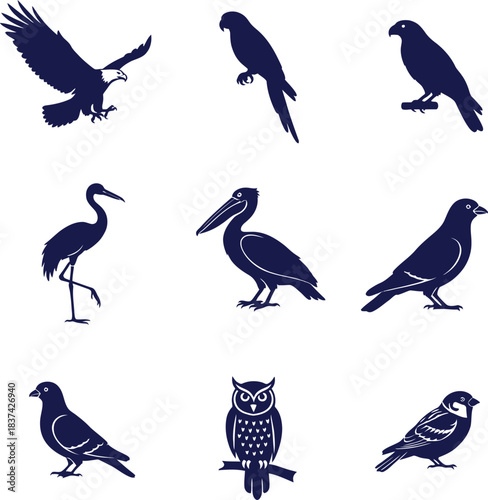 Collection of Dark Blue Bird Silhouettes on White Background eagle falcon