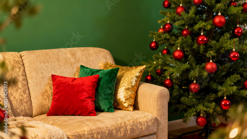 A cozy living room scene with a decorated Christmas tree and colorful pillows on a sofa, creating a festive holiday atmosphere.