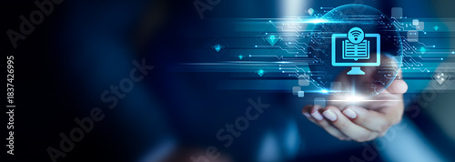 Картината върху платно E-Learning concept, Businessman hold E-Learning icon