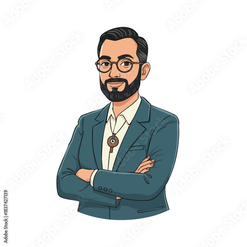 Vector illustration of a confident bearded man wearing glasses and a suit with folded arms. Suitable for business, leadership, branding and professional concepts.