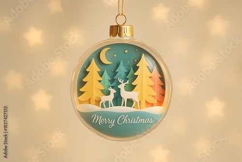 Elegant Hanging Holiday Ornament With Pastel Trees, Reindeer Silhouettes And Warm Bokeh Lights Background