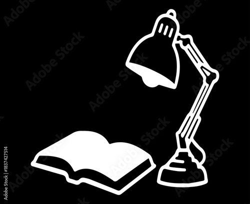 A black and white silhouette of an old lamp and a book — intelligence, reading and comfort. Suitable for publishers, bookstores, and blogs.  Vector graphics. EPS.