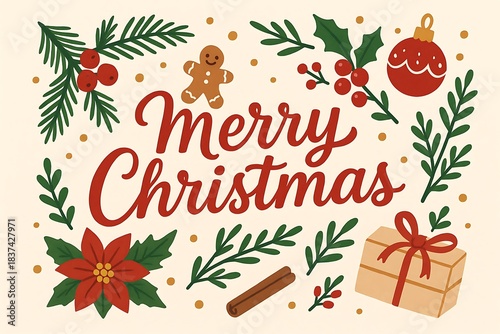 Festive Merry Christmas Greeting Card Design With Winter Greenery, Berries, Gift Box And Calligraphy Text