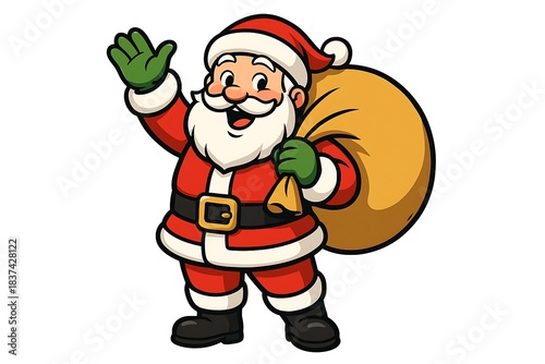 Friendly Cartoon Santa Claus Waving Hello And Holding Yellow Gift Sack Isolated On Transparent Background