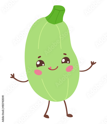 Vector illustration of a cute zucchini with smiling face and green stem. Flat isolated vegetable object.