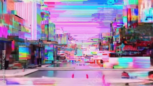 Abstract Glitch Art Cityscape with Vibrant Digital Distortion and Cyberpunk Aesthetic.