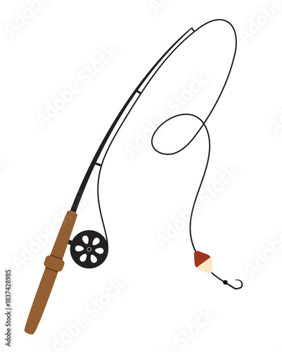 Fishing rod in flat style. Fishing gear illustration isolated on a white background . Suitable for packaging design, logos, fishing products, infographics, and print materials.