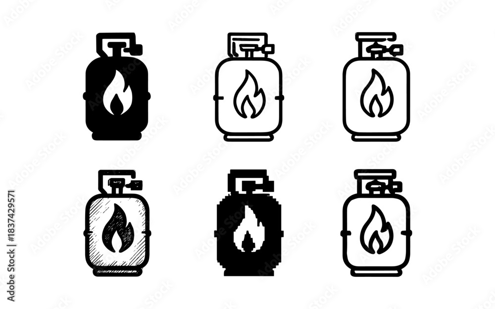 Fototapeta premium Stylized gas cylinder icons with flame symbols in various styles