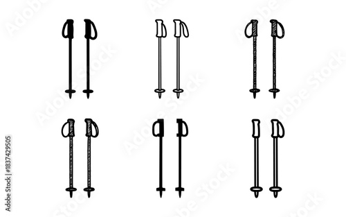 Set of six ski pole designs in various styles and shading techniques