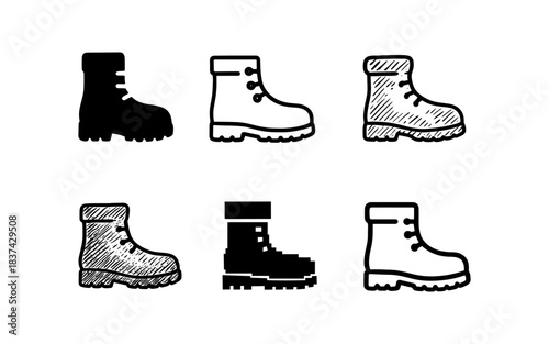 Set of six boot icons in various styles including silhouette, sketch, and pixel art