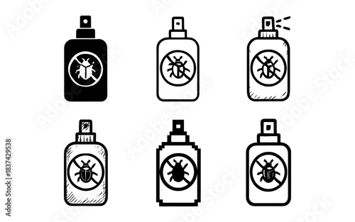 Set of hand drawn insect repellent bottles with bug symbols