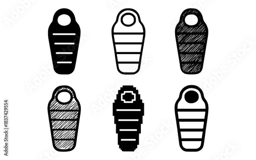 Set of sleeping bag icons in various styles including hand drawn and pixel art designs